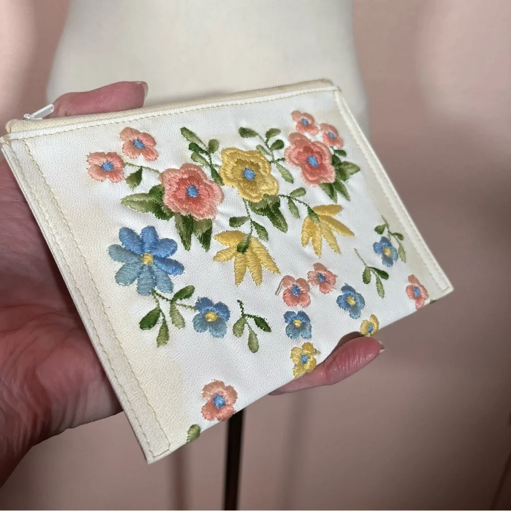 Vintage 40 50 Retro white Leather Pastel embroidered Cottagecore Clutch mini Bag - Picture 14 of 16